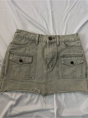 Olive Green Denim Mini Skirt with Pockets